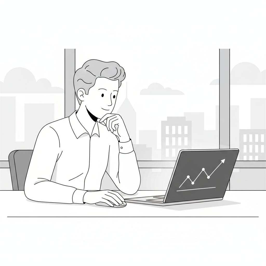 A solo founder looks calmly at a laptop showing a growth chart, illustrating how systems can fix chaotic marketing and reduce burnout.