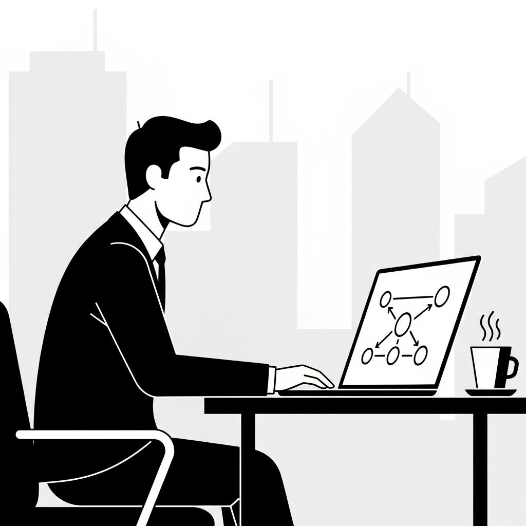 A minimalist black-and-white illustration showing a solo founder at a desk, designing an automation playbook on a laptop.