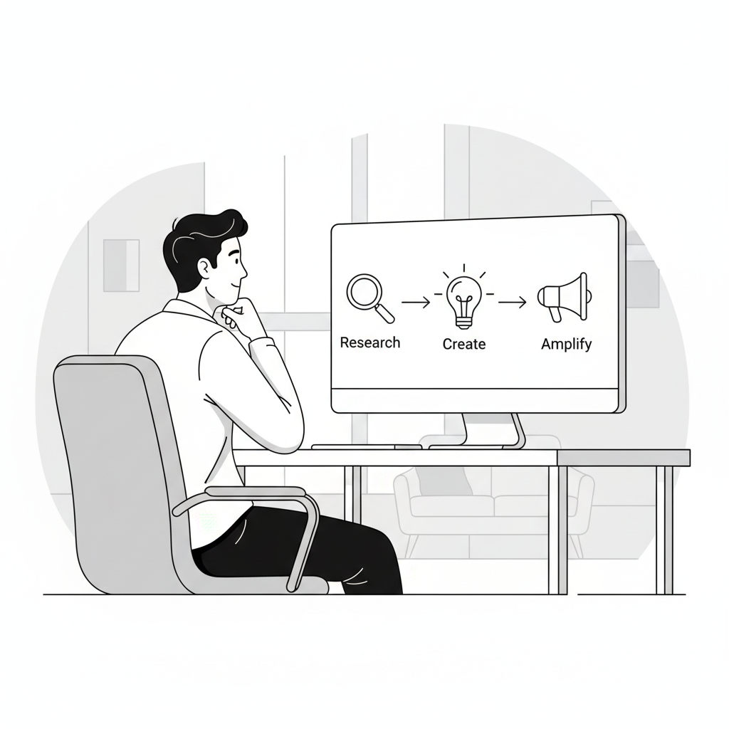 A solo founder at a desk, looking at a streamlined content marketing workflow on their monitor, depicted in a minimalist black-and-white illustration.