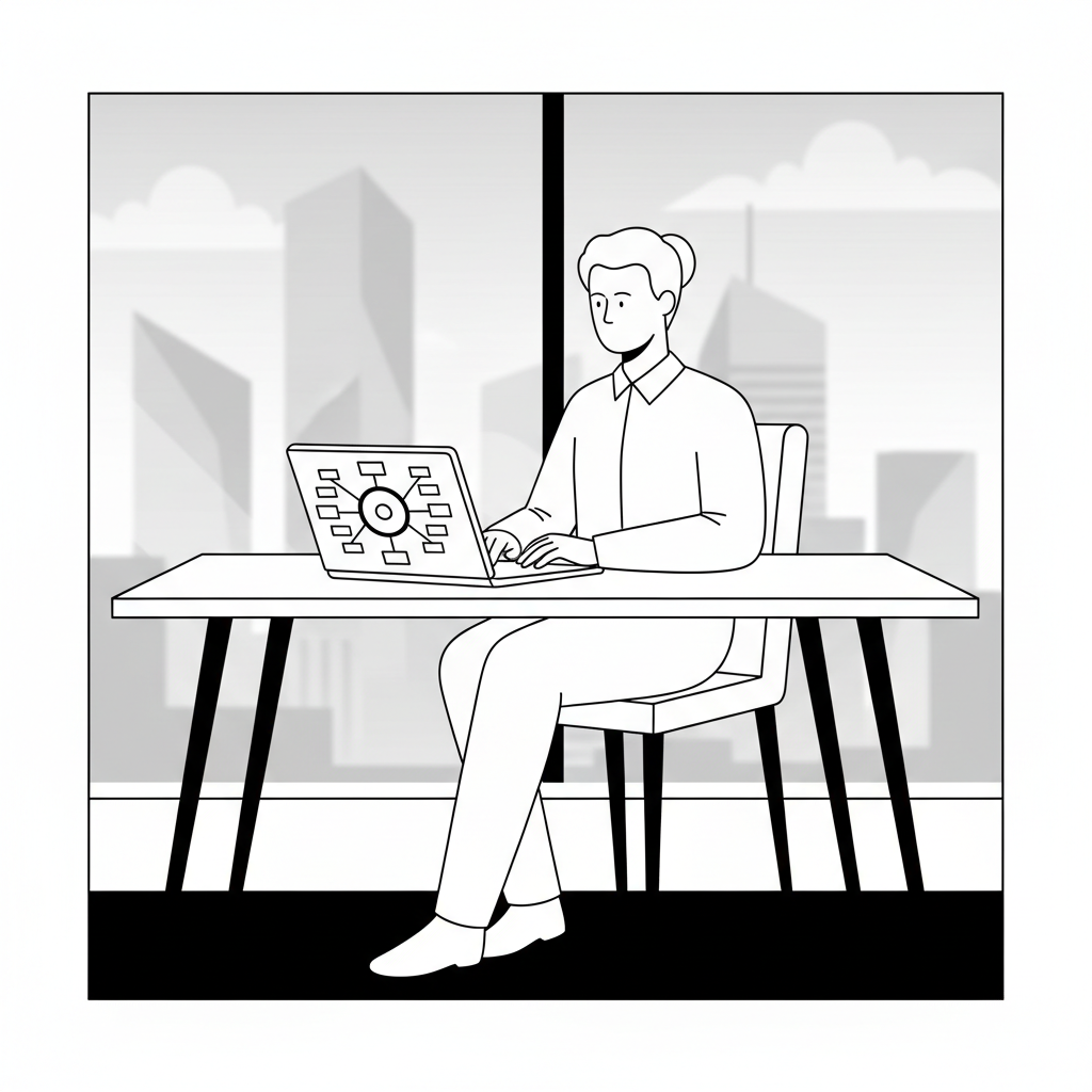 A solo founder at a desk, looking at a laptop displaying a content repurposing flowchart, illustrating how to fuel a sales funnel with one asset.