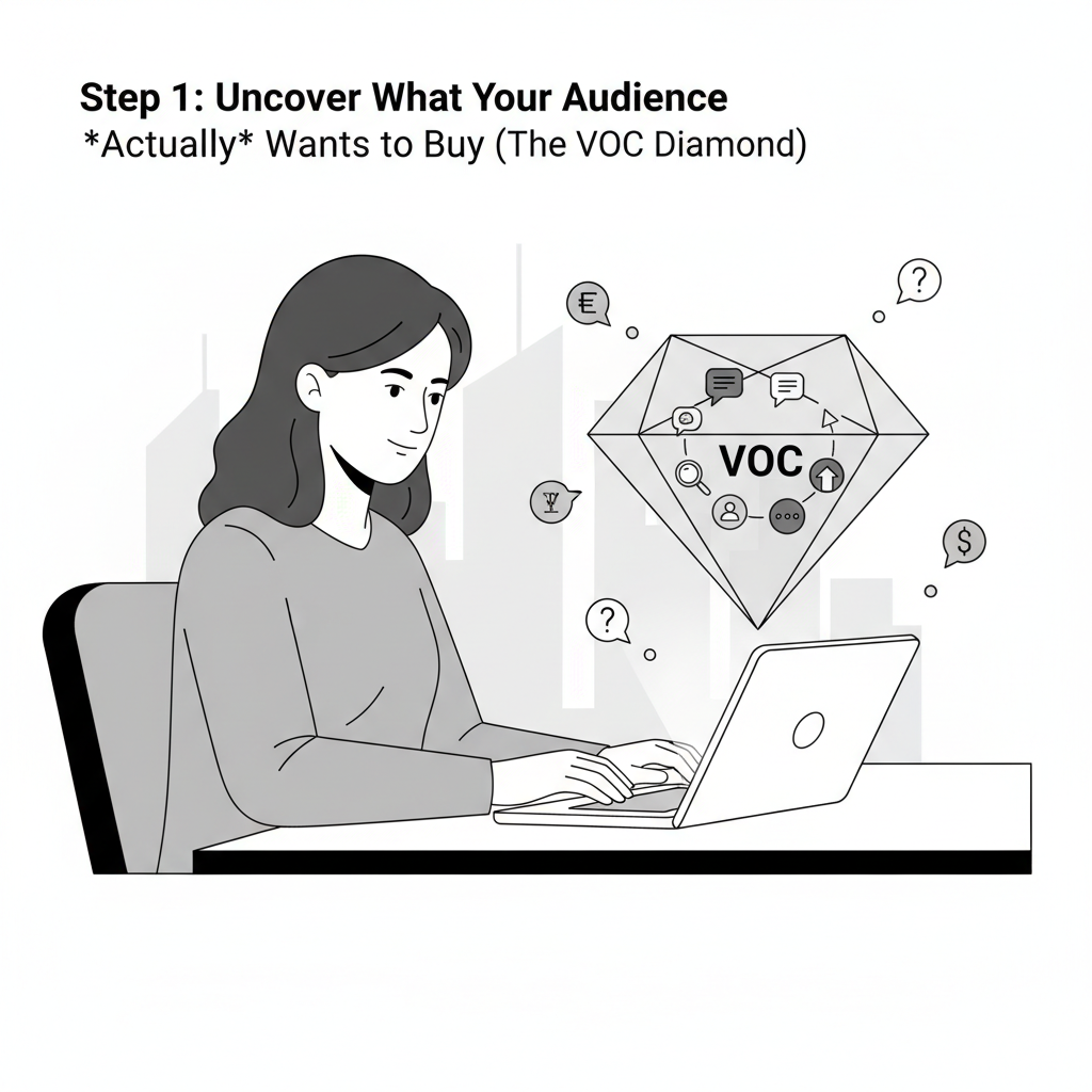 Visual illustration: Step 1: Uncover What Your Audience *Actually* Wants to Buy (The VOC Diamond)