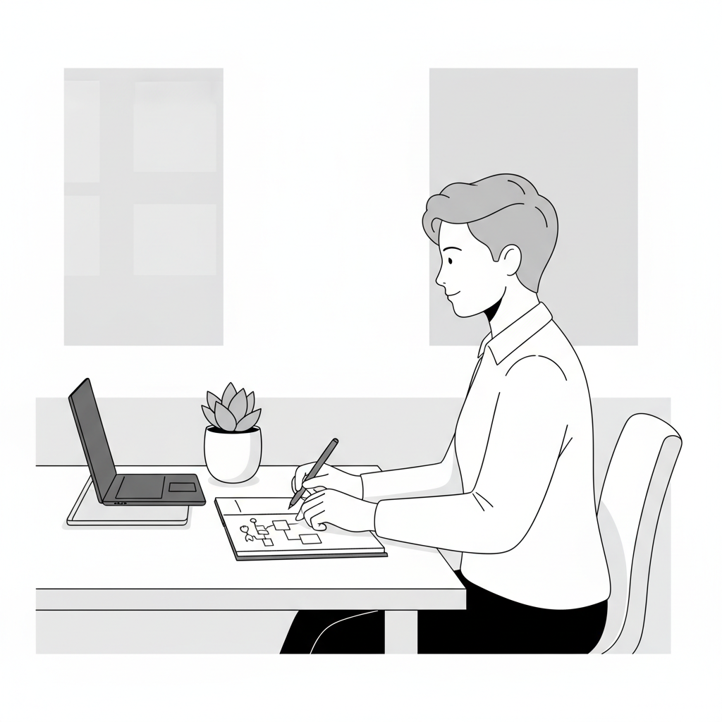A minimalist black-and-white illustration of a founder working at a desk, outlining a strategy in a notebook, representing the Minimum Viable Blog concept.