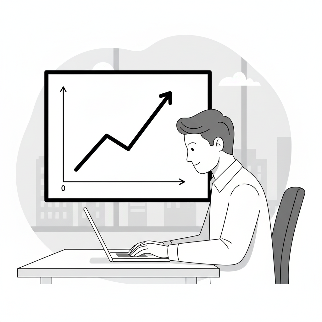 A black-and-white illustration of a founder at a desk, with a growth chart in the background, representing the concept of gaining traction.