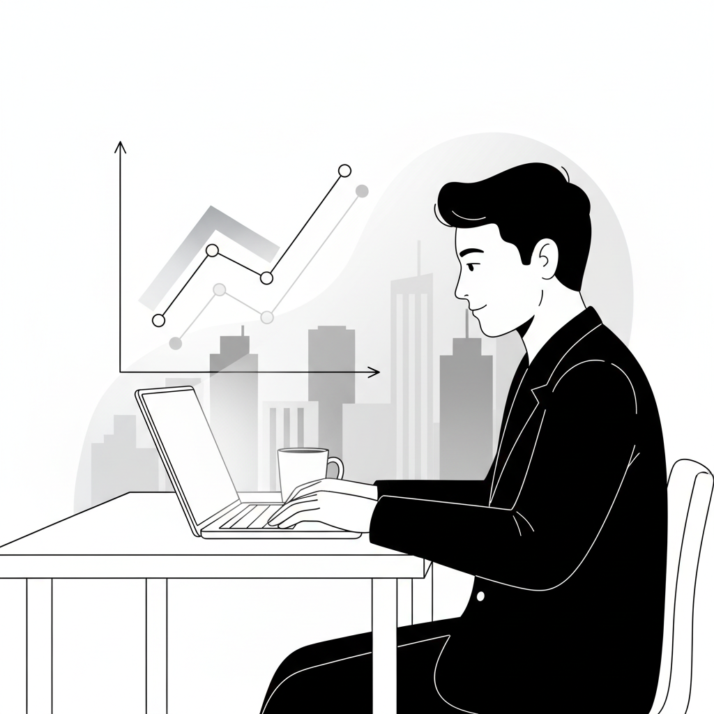 A minimalist illustration of a founder at a desk, embodying the "Product CEO" mindset for blog growth.