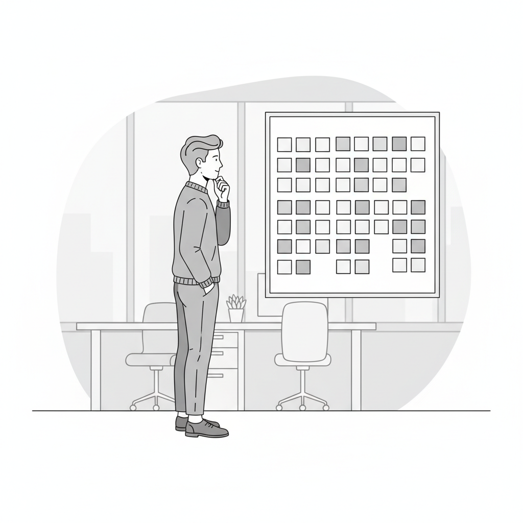 A solo founder stands thoughtfully in front of a whiteboard covered in sticky notes, representing the process of reverse-engineering reader pain for content creation.