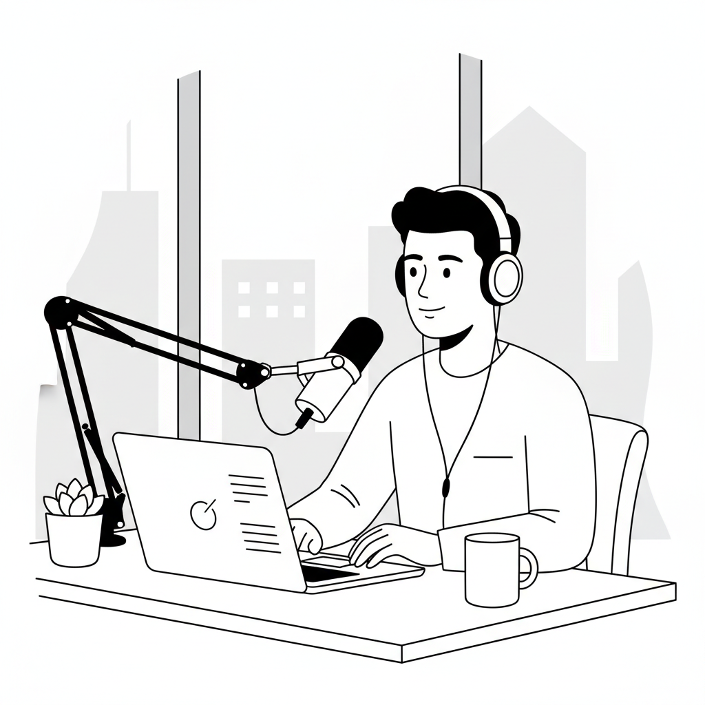 A solo founder repurposing a blog post into a podcast episode, speaking into a professional microphone at a desk.
