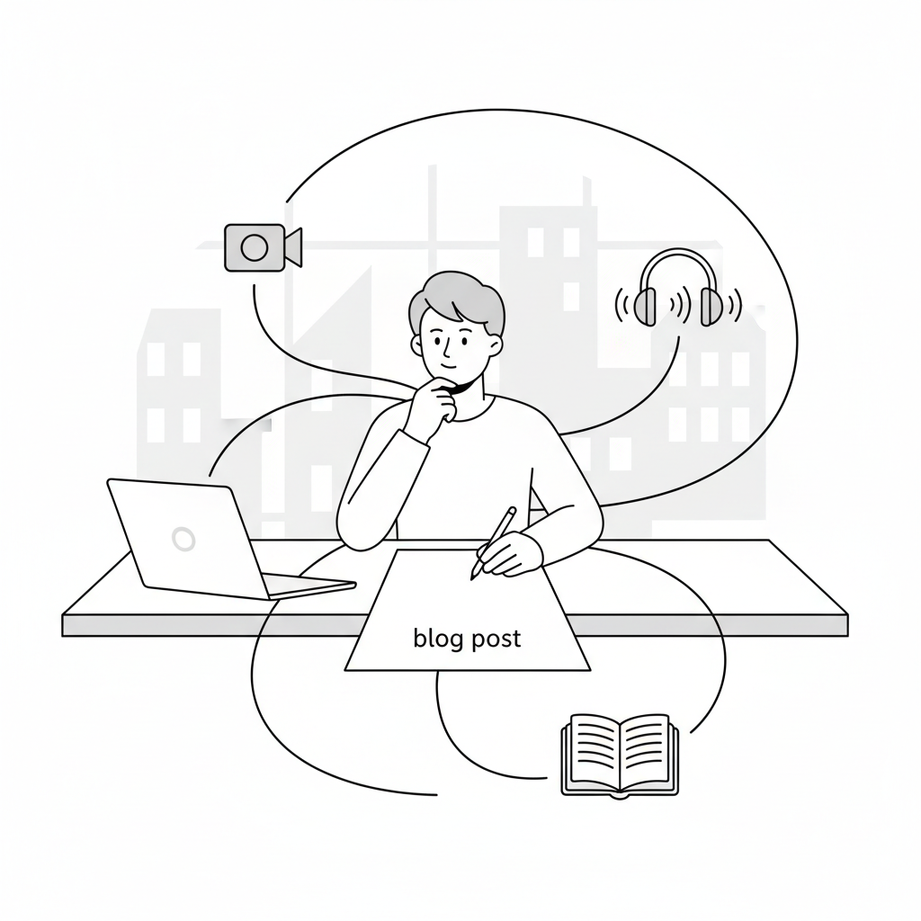 An illustration showing how one blog post can be repurposed into many YouTube video scripts, representing content automation.