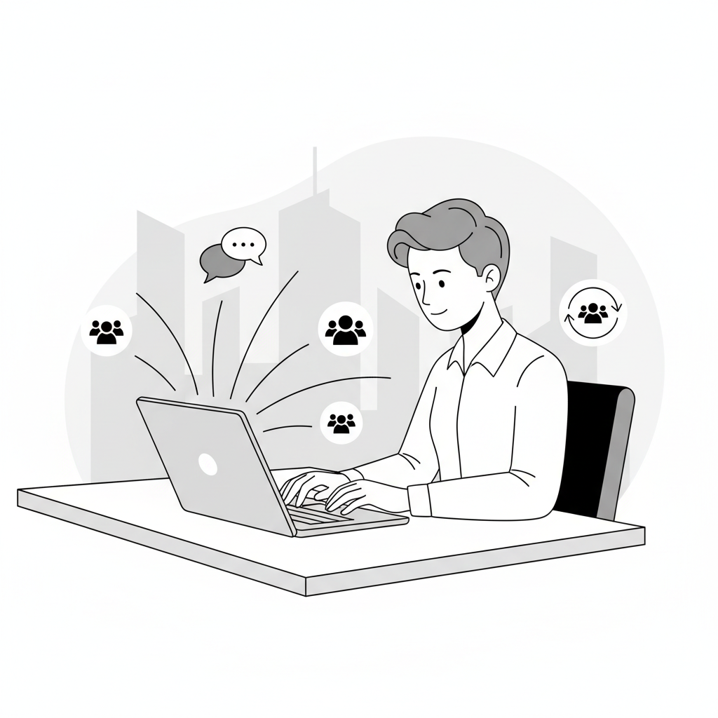 A founder at a laptop using a network of online forums and communities to amplify their blog content.