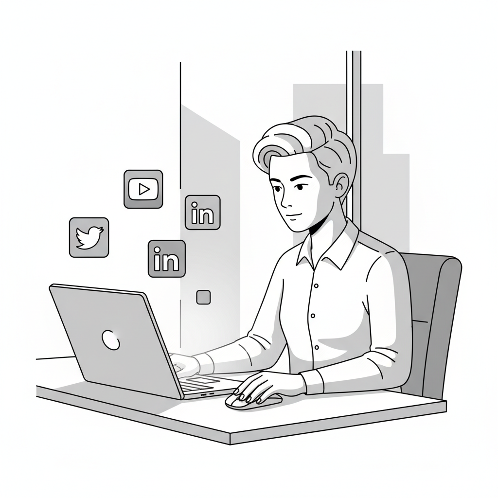 A black and white editorial illustration showing a solo founder repurposing a blog post into content for various channels like video, social media, and podcasts.